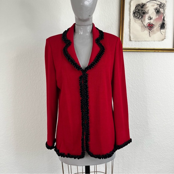 St John Evening Santana Knit Red Velvet Pleated Trim Blazer